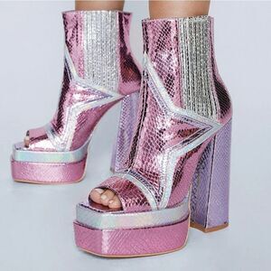 Pink Metallic Star Peep Toe Platform Ankle Booties 70s Cosplay Abba Size 6